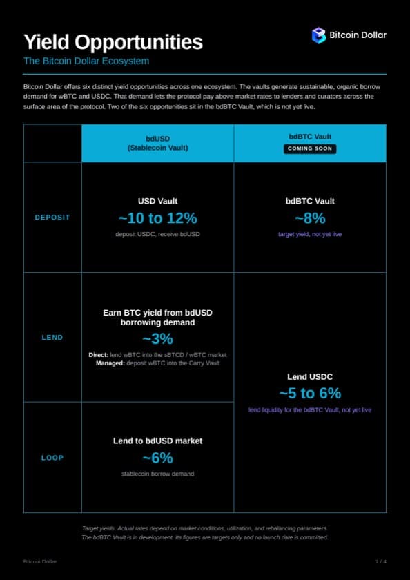 First page of BTCD Yield Opportunities Overview