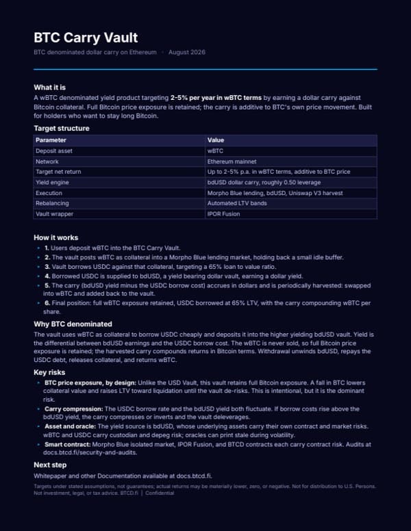 First page of BTCDC Carry Vault - One Pager